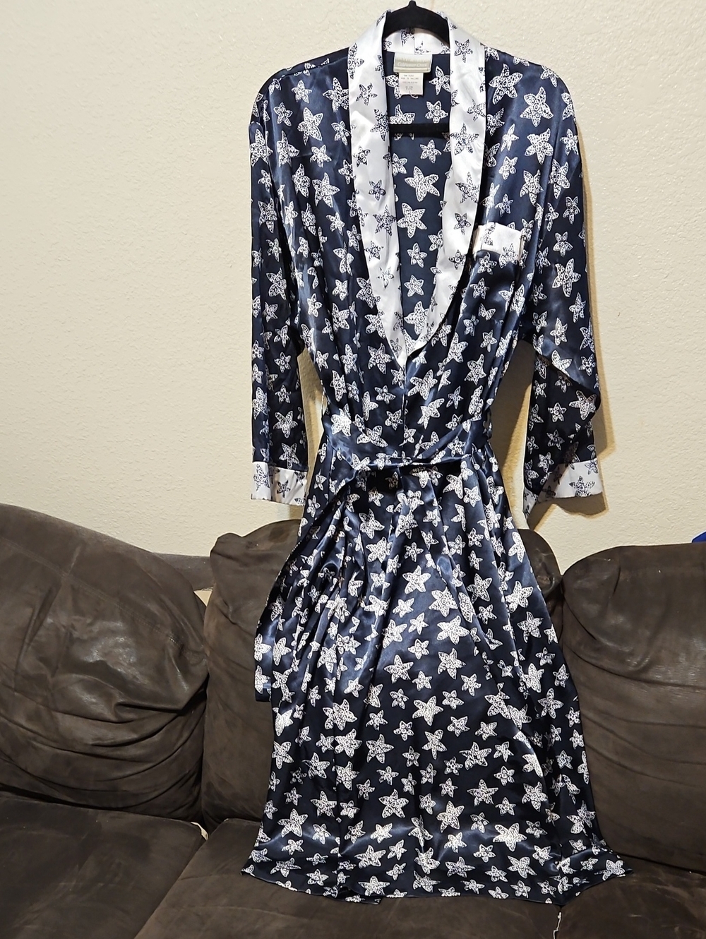 Coldwater Creek Navy Satin Star-Print Robe with White Trim